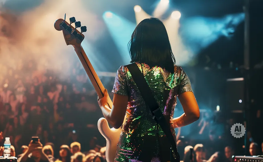 Woman in a sparkling dress playing bass guitar on stage, facing a cheering crowd.
