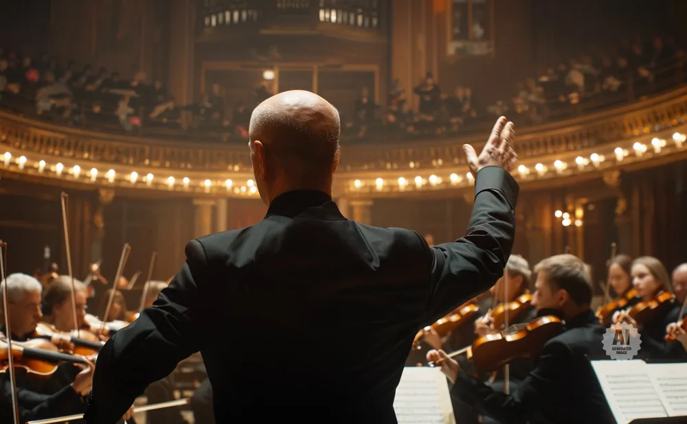 Conductor leading an orchestra from behind, with musicians playing violins in the foreground.
