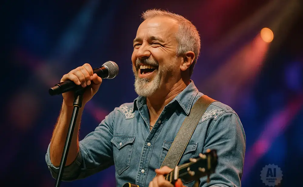 A man with gray hair and beard laughs while singing into a microphone, holding a guitar.