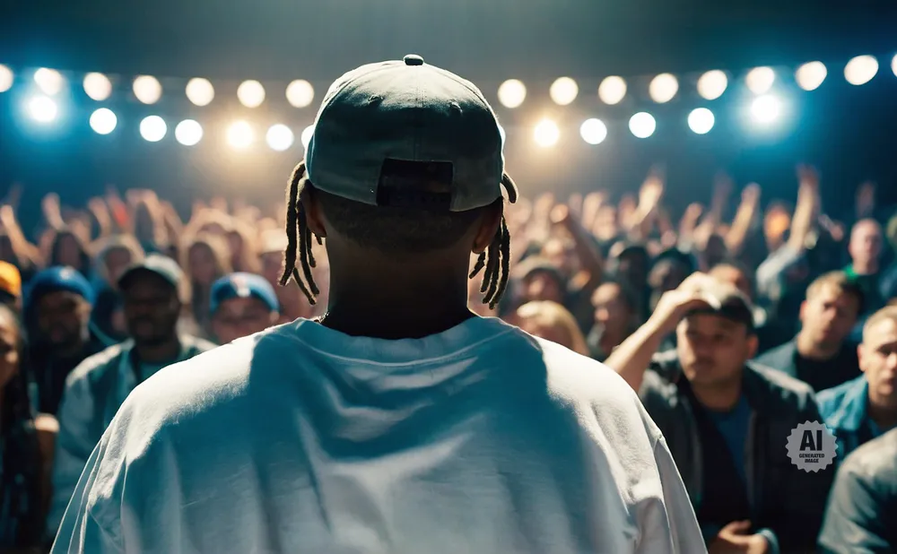 Man in a backwards cap and white t-shirt performs for a cheering crowd under stage lights.