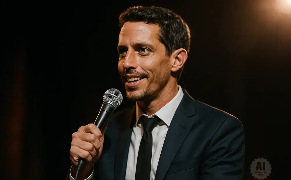 A man in a suit and tie smiles while holding a microphone, with a spotlight on him against a dark background.