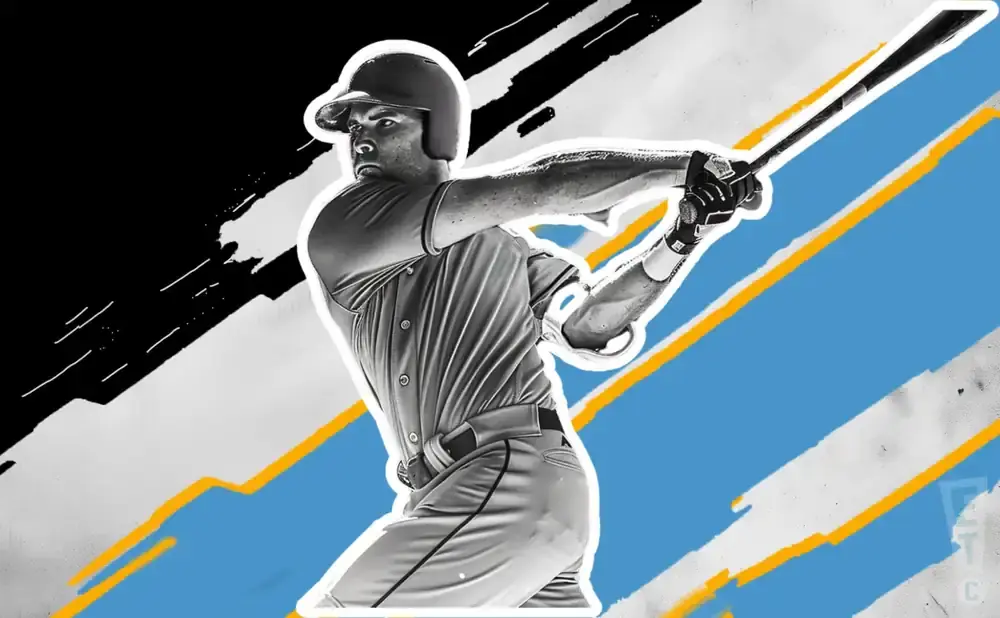 A baseball player swings a bat against a black and blue background with yellow accents.