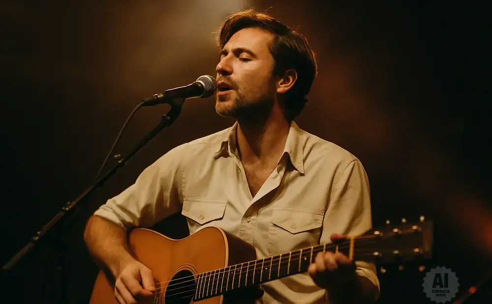 Man in a tan shirt singing into a microphone while playing an acoustic guitar.