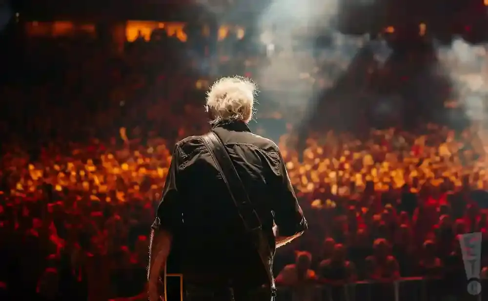 A musician on stage, back to the camera, plays for a large, illuminated audience.