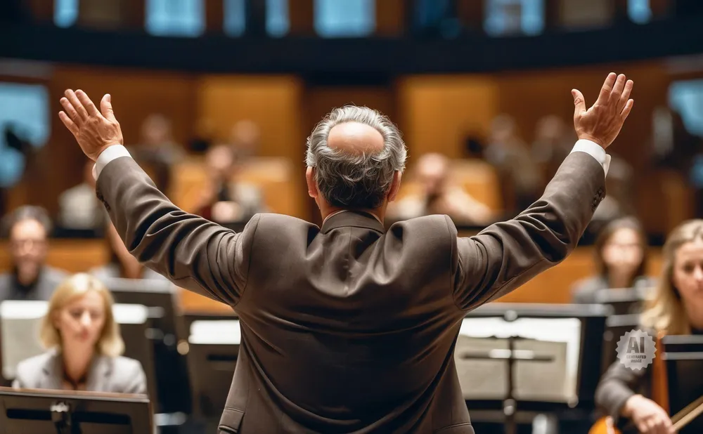 An orchestra conductor stands with arms raised, leading musicians in a concert hall.