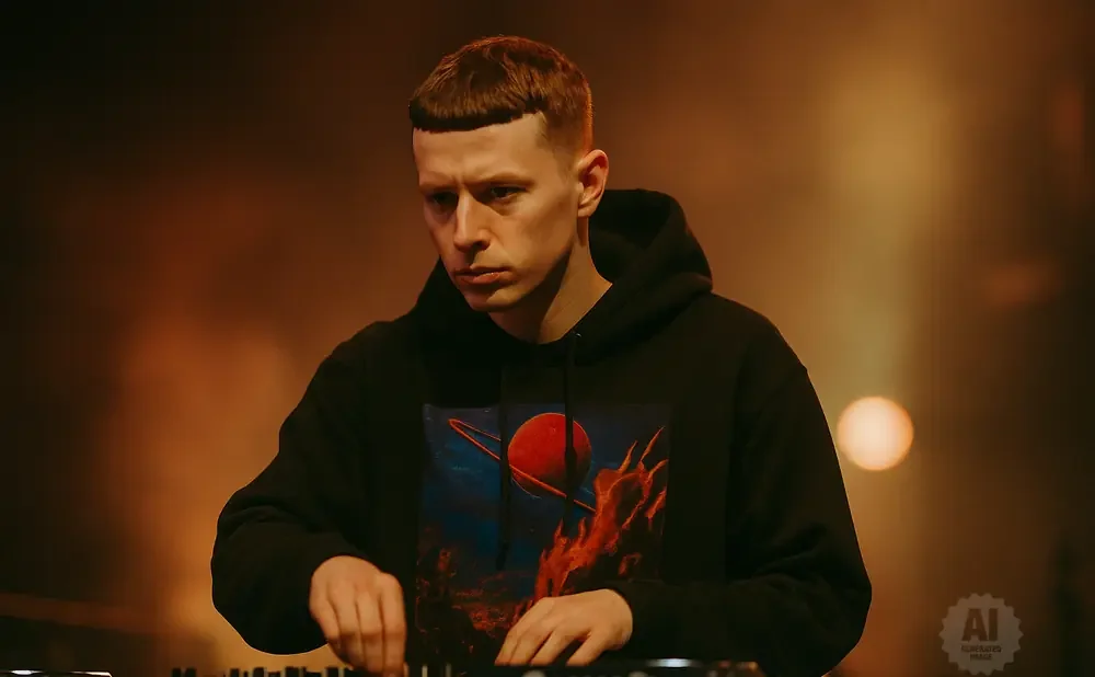 A DJ with a bowl cut, wearing a black hoodie with a fiery planet design, focuses on his equipment.