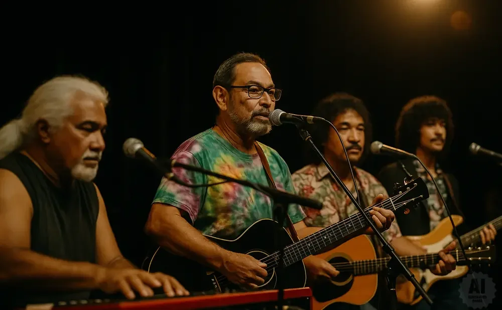 A band of four men performs on stage, with three playing guitars and one playing a keyboard.