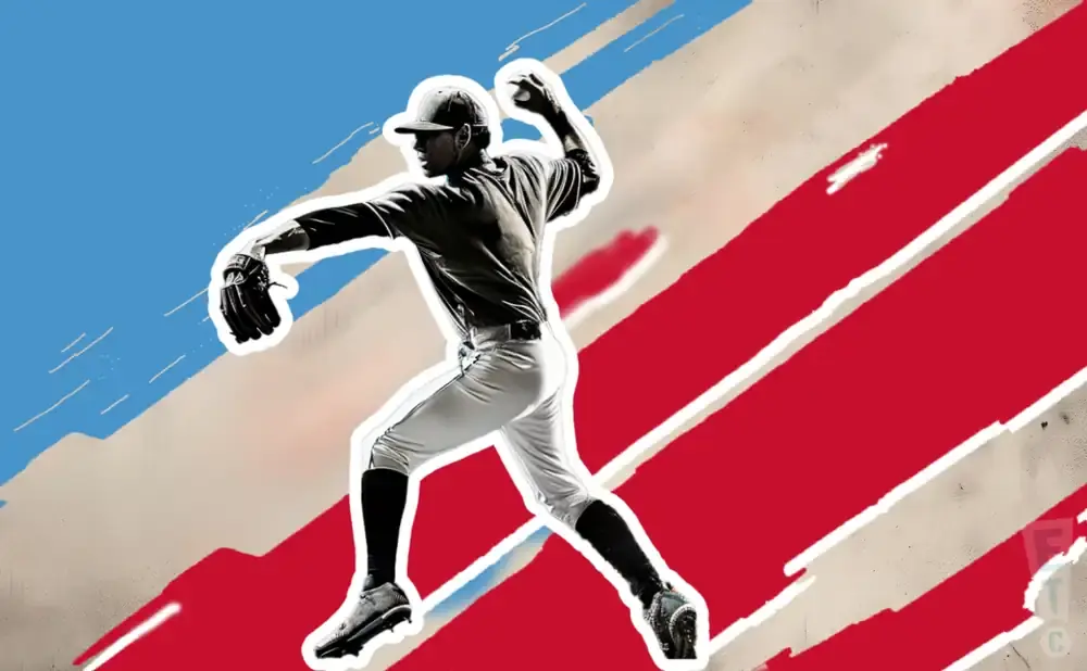 A baseball pitcher throws a ball against a backdrop of red and blue stripes.
