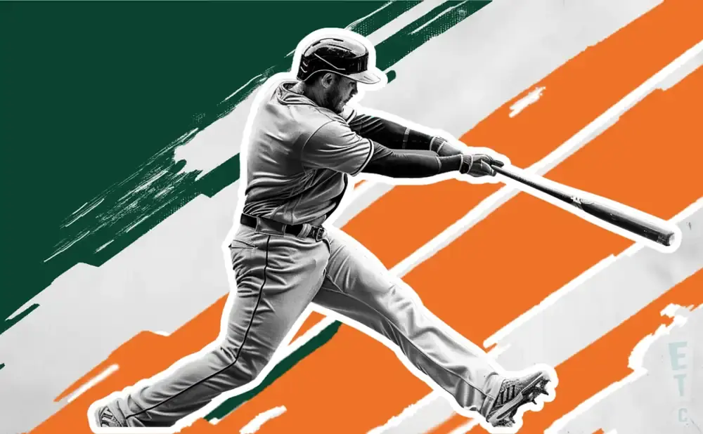 A baseball player swings a bat against a green, white, and orange abstract background.