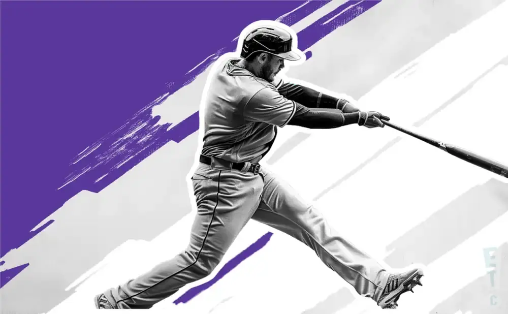 A baseball player swings a bat against a purple and white abstract background.