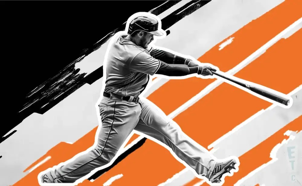 A baseball player swings a bat on a black and orange abstract background.