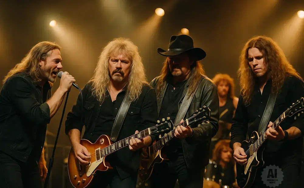A rock band performs on stage with a singer and three guitarists, all with long hair and wearing black outfits.