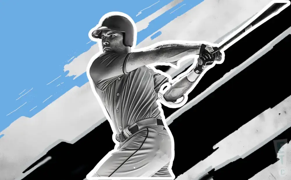 A baseball player swings a bat in a stylized, black and white image with a blue background.