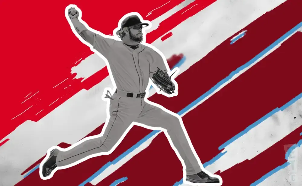 Baseball pitcher in mid-throw against a red and white striped background.