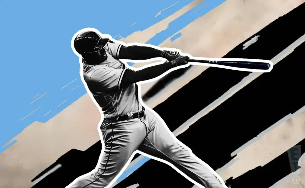 A baseball player swings at a bat against a backdrop of black and tan stripes and a blue sky.