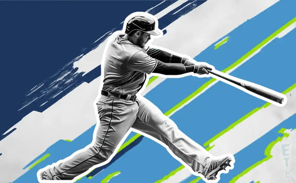 A baseball player swings a bat against a blue and white backdrop with green accents.