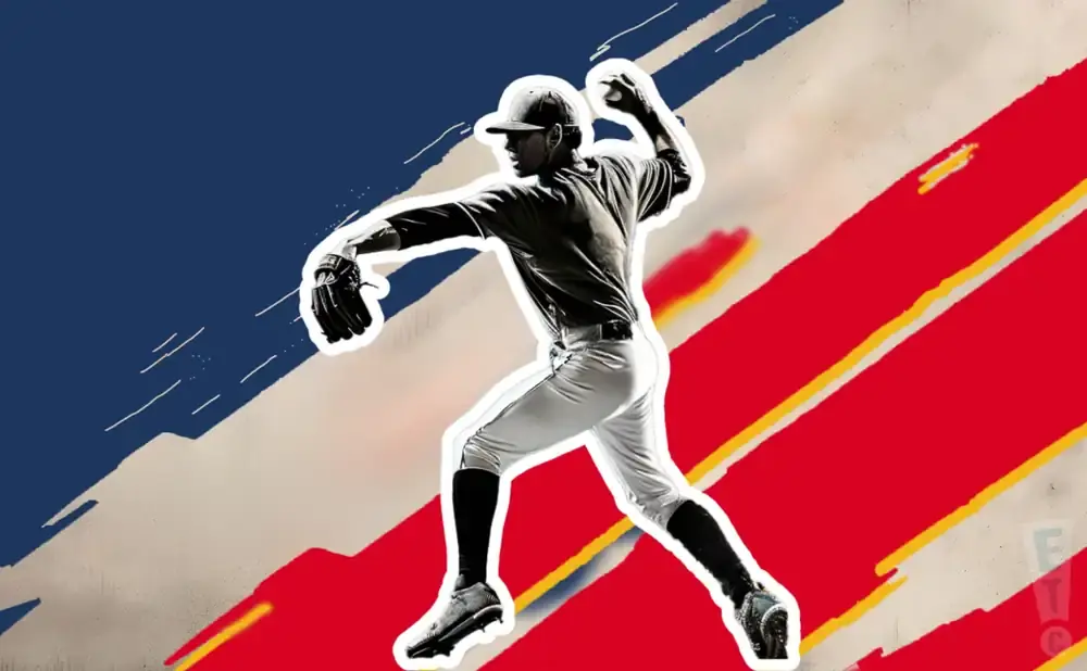 A baseball pitcher throws a ball against a red, white, and blue abstract background.
