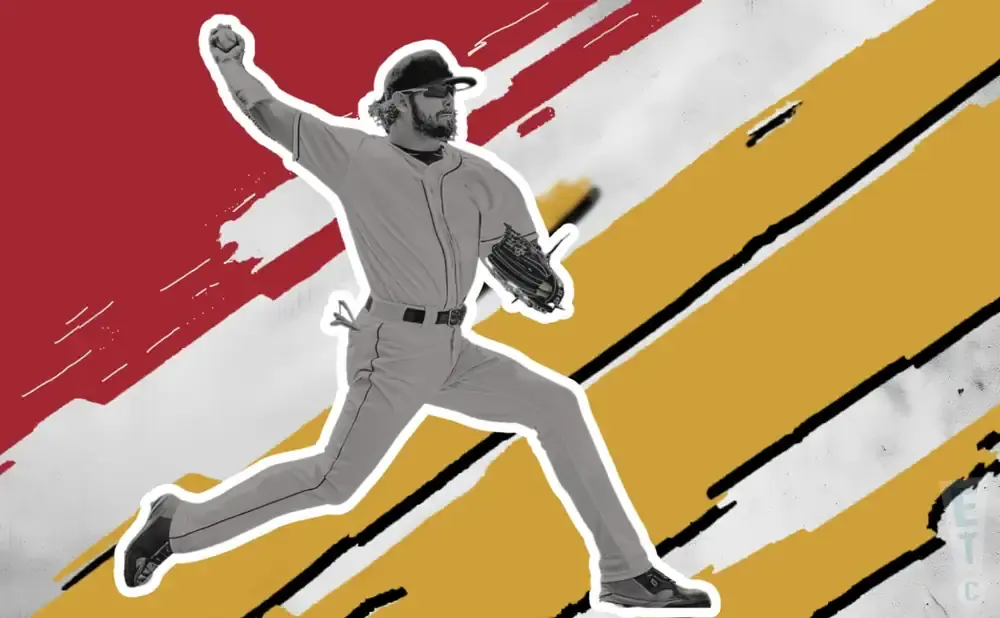 A baseball pitcher mid-throw with a red and yellow abstract background.