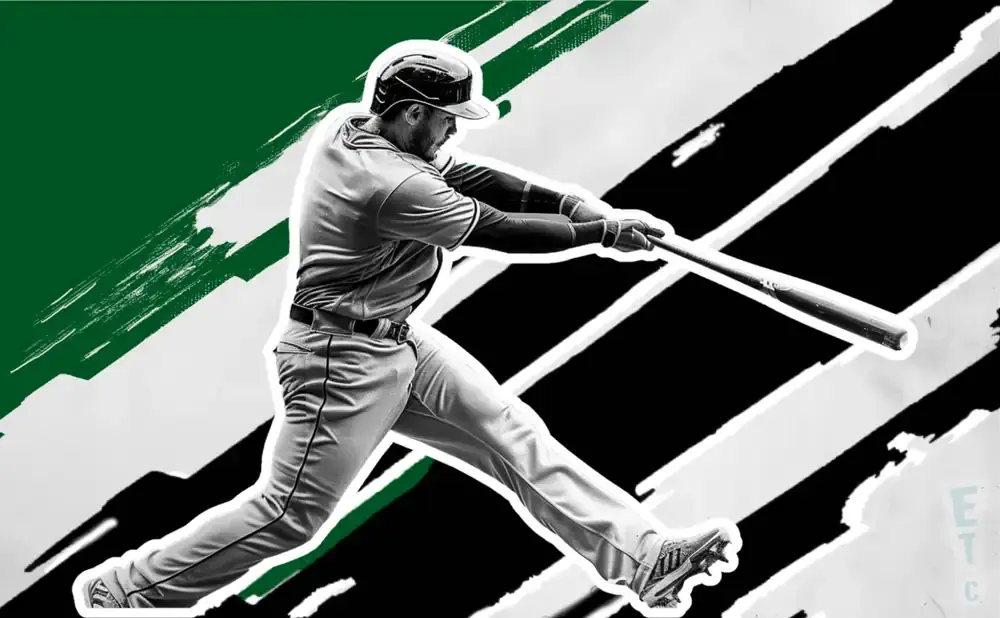Baseball player swinging a bat, with a green and black abstract background.