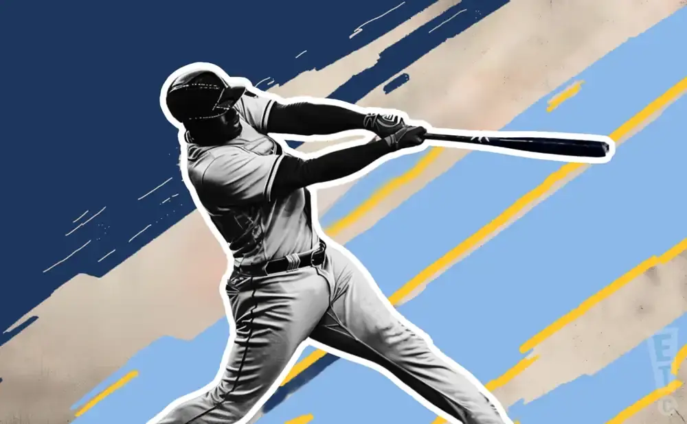 A baseball player swings a bat with a stylized background of blue and yellow streaks.
