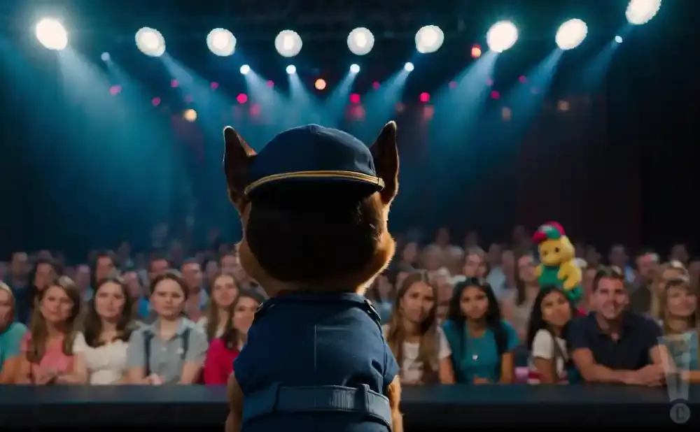 A dog in a police hat and uniform faces an audience with stage lights above.