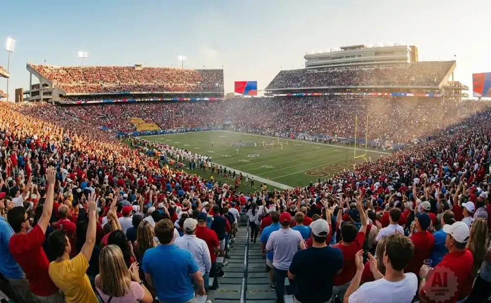A panoramic view of a packed football stadium with fans in red and blue cheering.