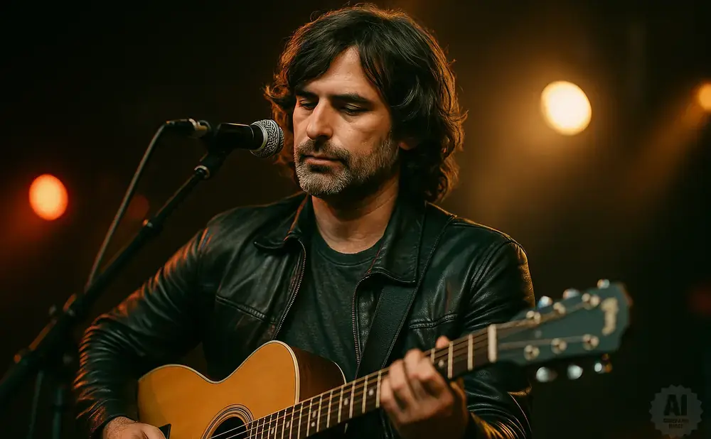 A man with dark, curly hair and a beard plays an acoustic guitar, looking down. He wears a black leather jacket.