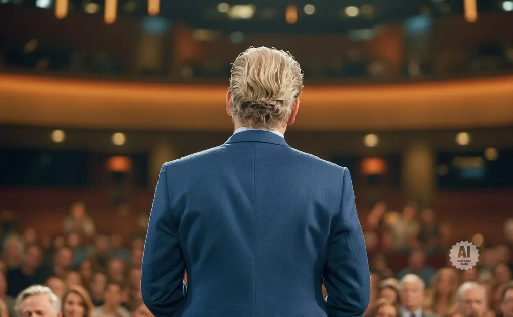 A man in a blue suit faces away from the camera, addressing an audience in a theater.
