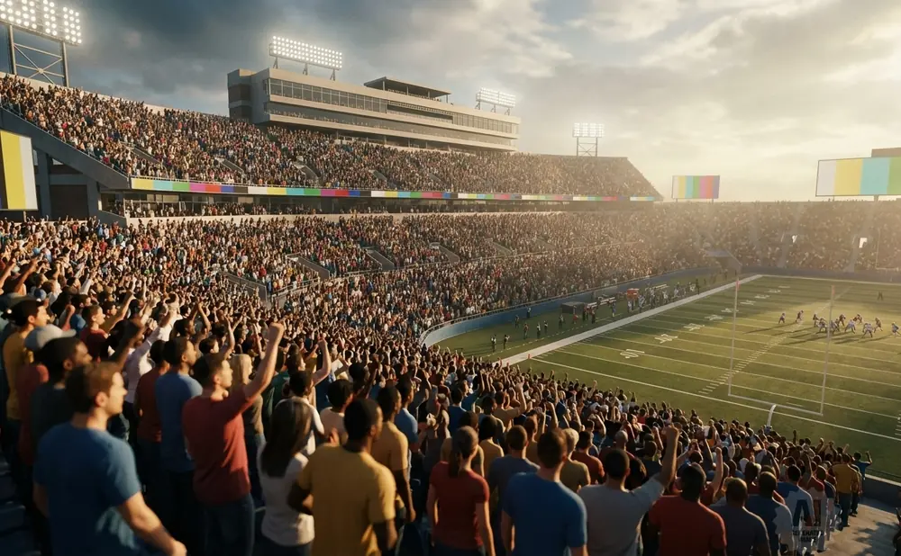 Crowd cheering at a football game in a stadium with large screens showing colorful test patterns.