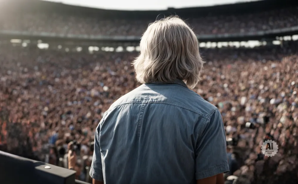 Man with gray hair in a denim shirt looks out at a large stadium crowd.
