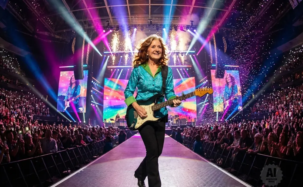 Bonnie Raitt plays an electric guitar on stage, smiling, wearing a leopard print jacket.