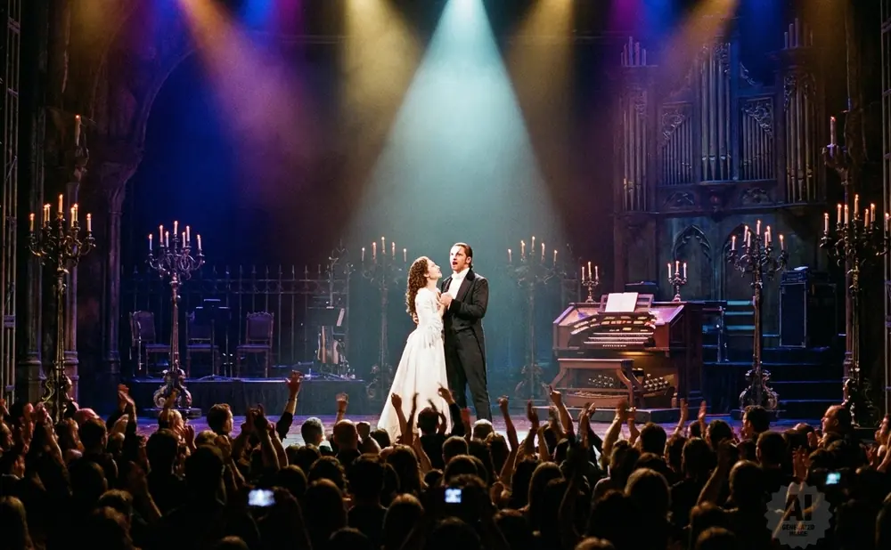 Phantom and Christine embrace on stage with dramatic lighting and candelabras.