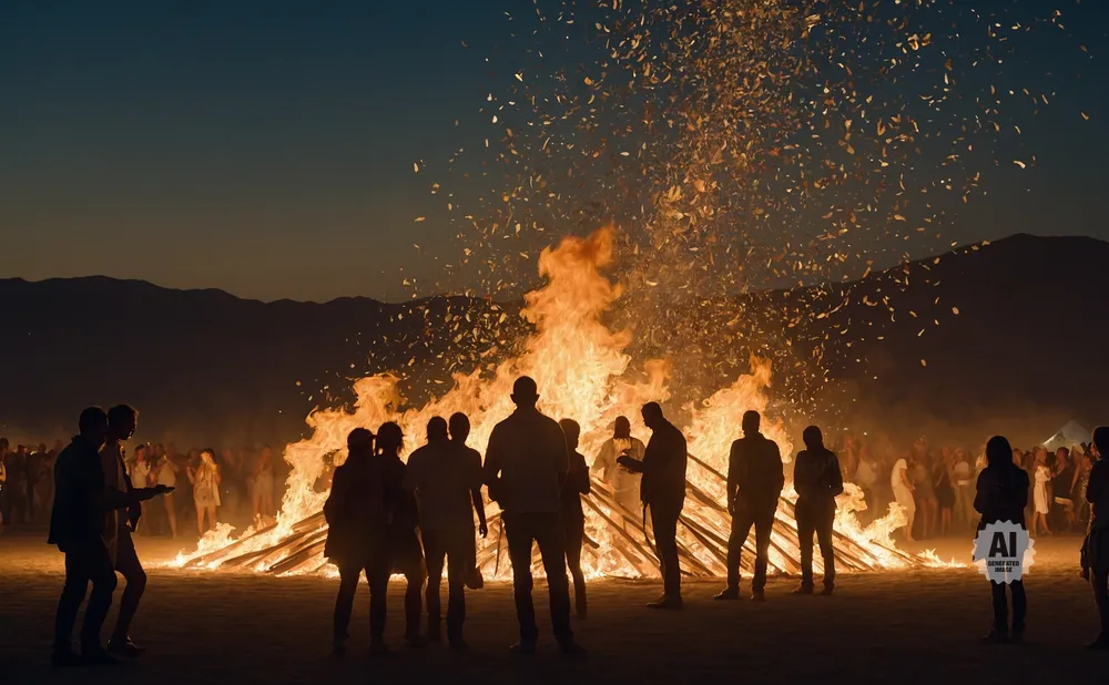 Silhouette of people gathered around a large bonfire at dusk with embers flying.