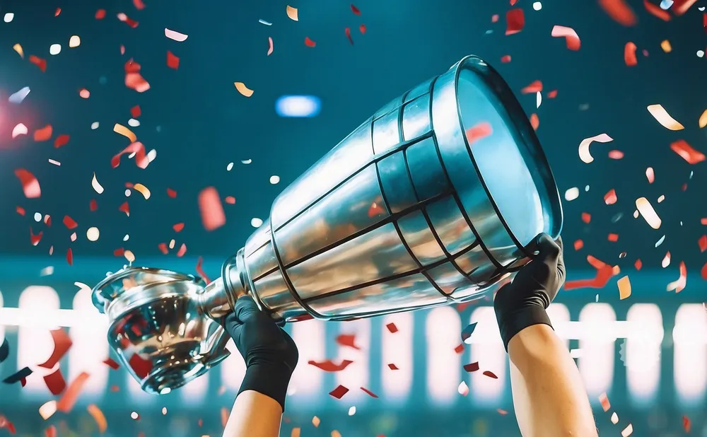 A person in black gloves holds up a trophy as red and gold confetti falls around them.