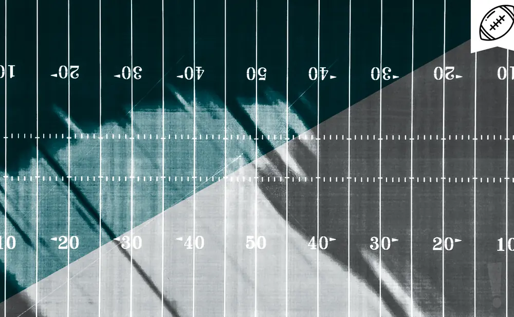 Football field background with yard markers and a football graphic.