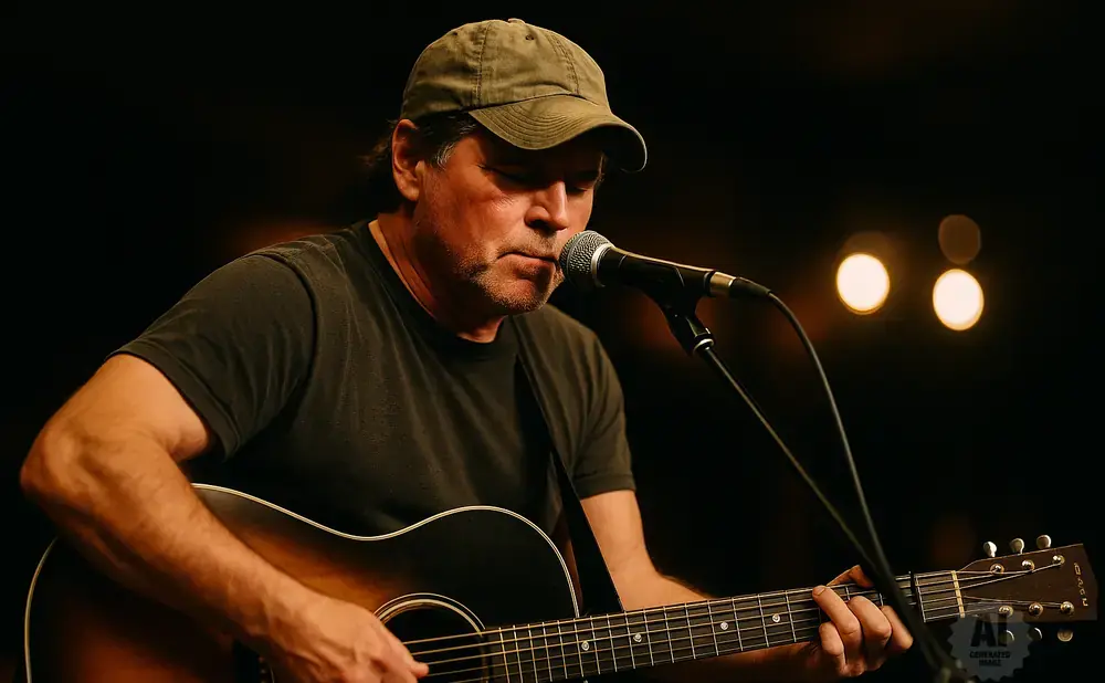 A man in a cap sings and plays an acoustic guitar in front of a microphone.