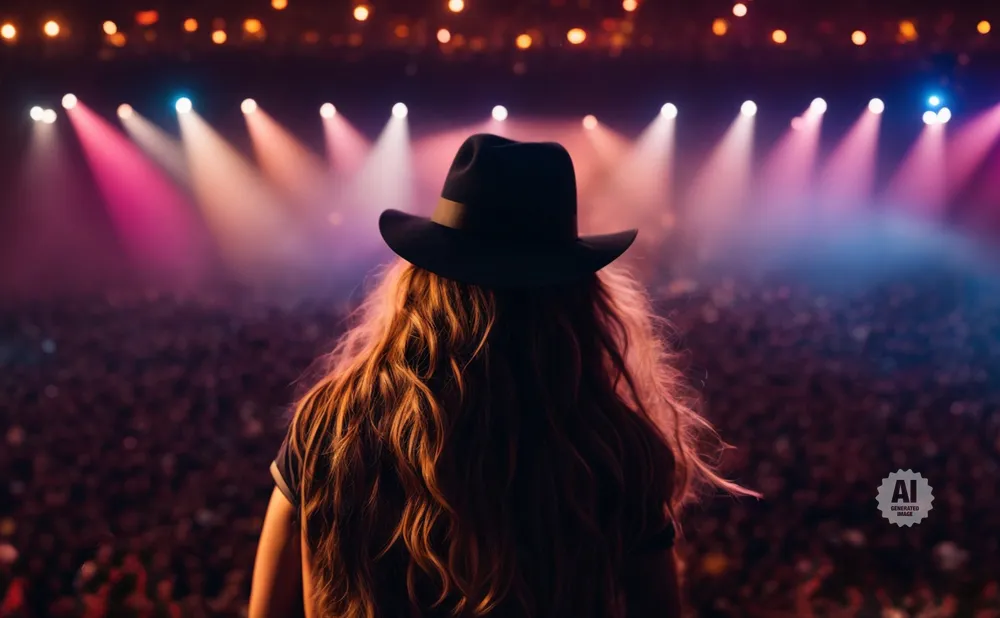 A person in a black hat faces a crowd at a concert, bathed in pink and white stage lights.