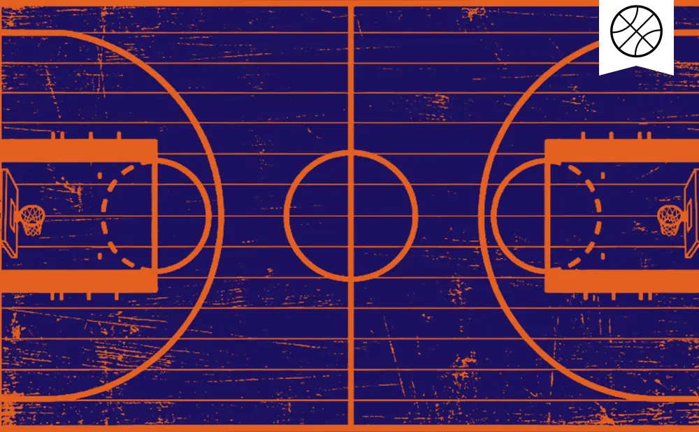 A vintage-style basketball court with orange lines on a textured navy blue background.