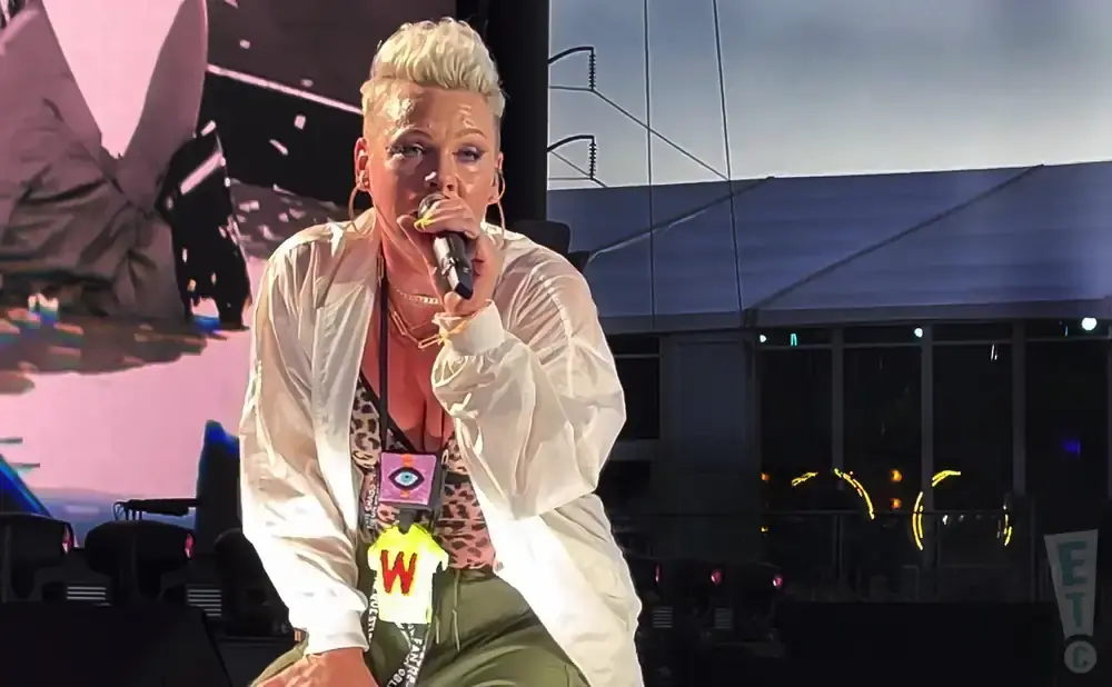 Singer Pink performs onstage with a microphone, wearing a white jacket over a leopard-print top.