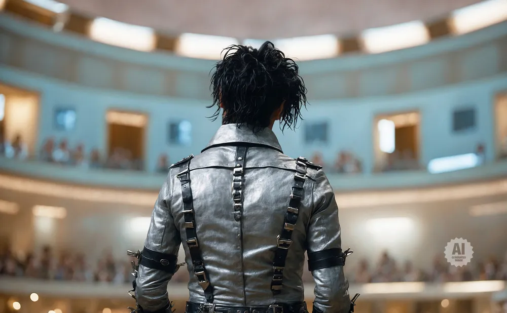 Person in a silver jacket with straps and buckles facing away from the camera in a grand hall.