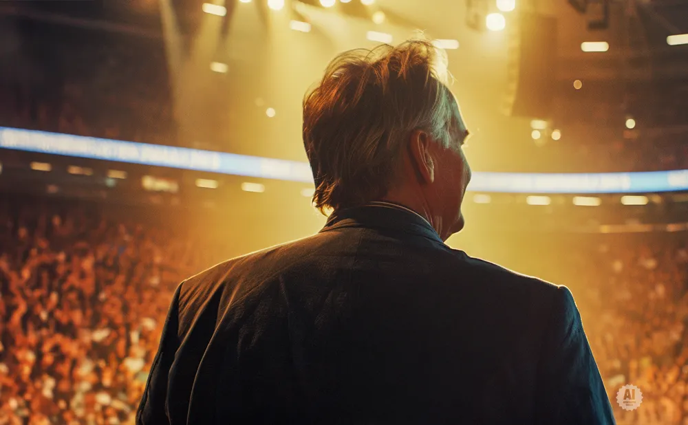 Man in a suit looks out at a brightly lit stadium crowd.