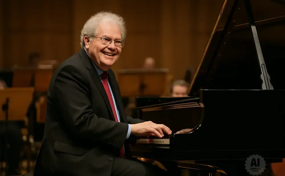 A man in a suit smiles while playing a grand piano, with an orchestra behind him.