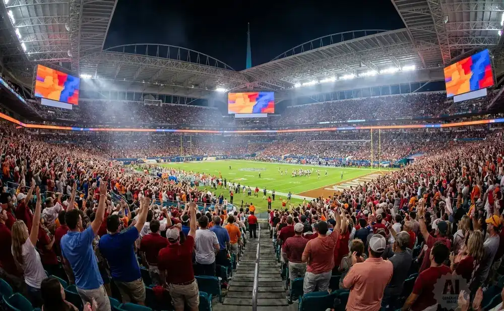 A football stadium filled with cheering fans at night, with a game in progress on the field and large screens displaying abstract art.