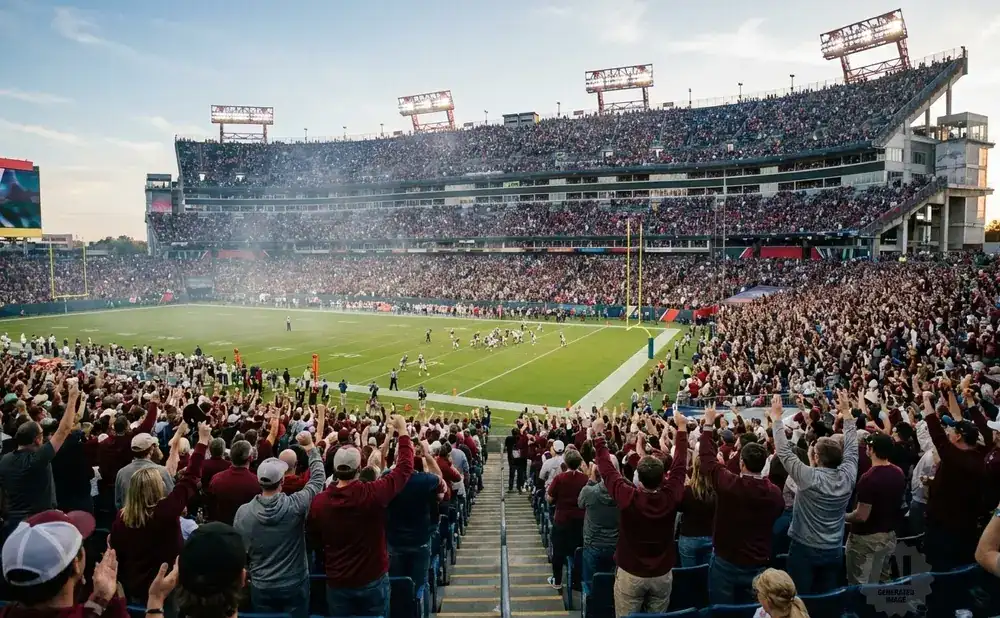 A football game in a packed stadium at night, with fans in the stands cheering and players on the field.