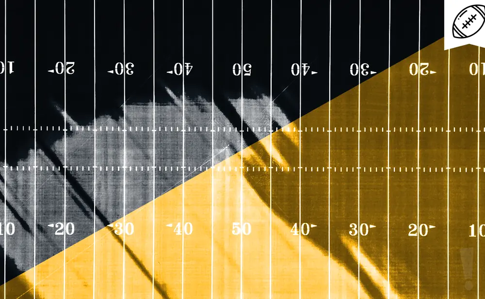 Football field markings with a split black and gold background and a football icon.