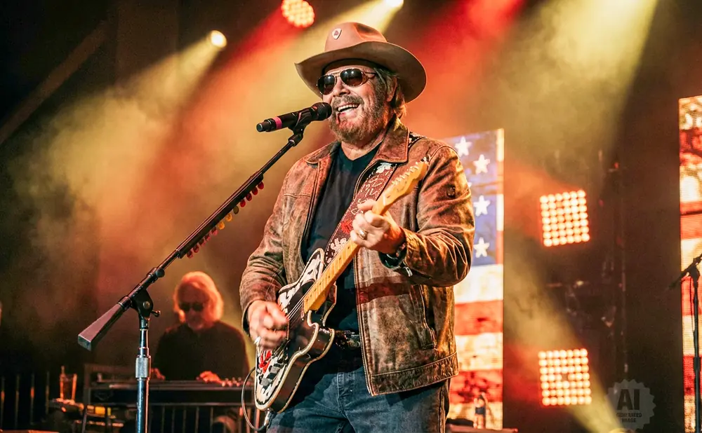 A man in a cowboy hat and leather jacket plays guitar and sings into a microphone on stage.