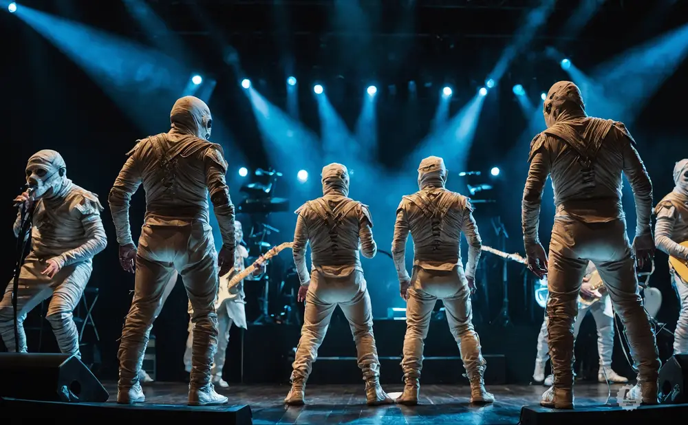 Mummies on stage performing with blue spotlights and musical instruments.