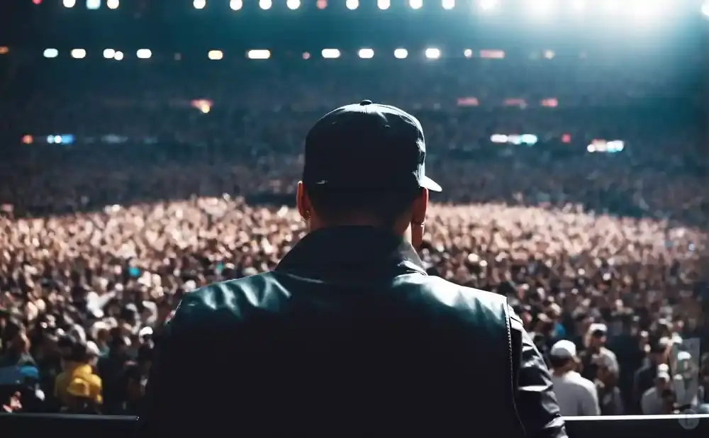 Man in a black cap and jacket facing a cheering crowd at a concert.