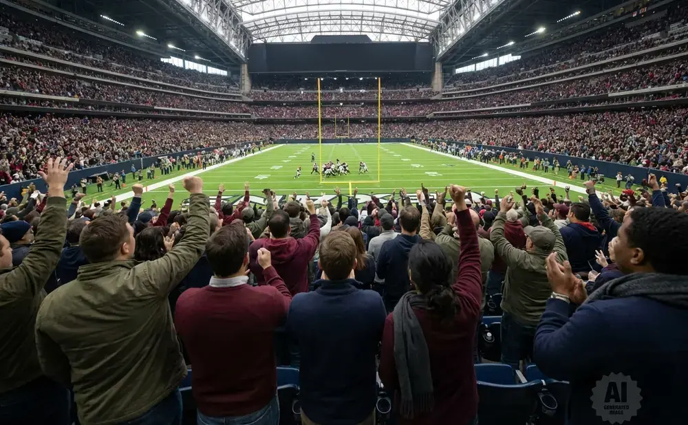 Fans cheer as a football game takes place in a packed stadium with a retractable roof.