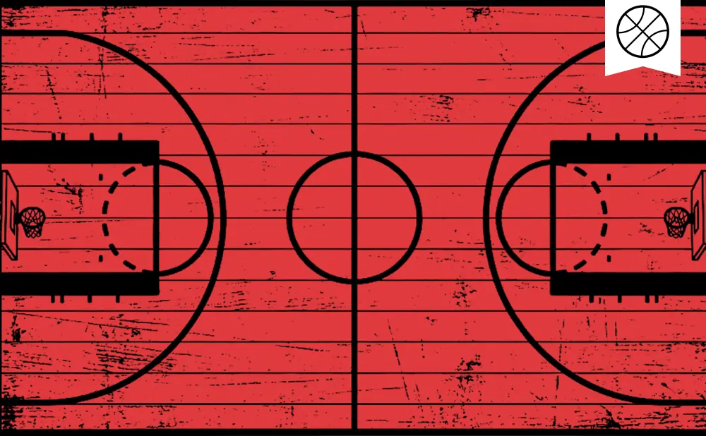 A red, distressed basketball court with black lines and hoops. A basketball icon is in the top right corner.